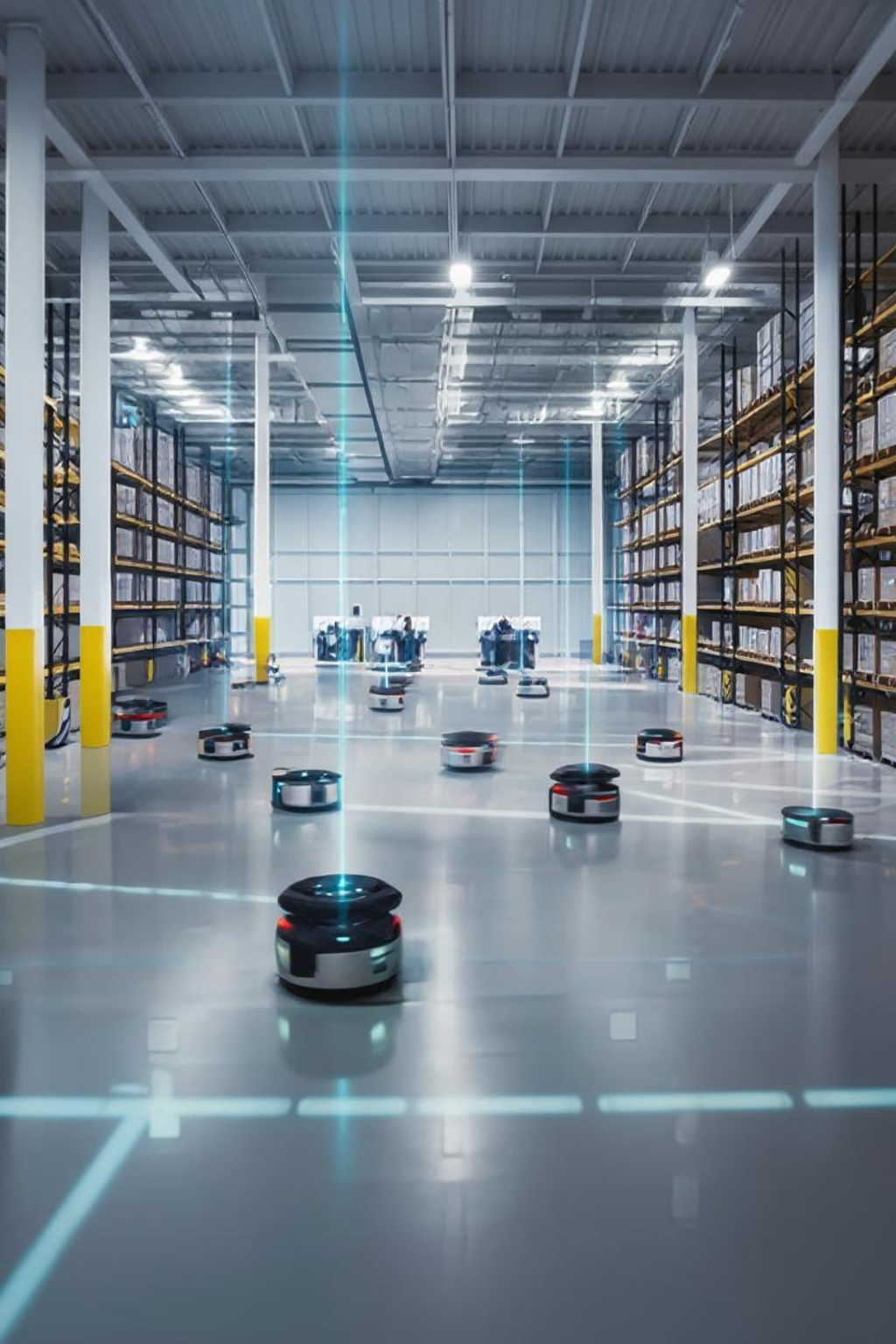 Almacén futurista con robots autónomos
